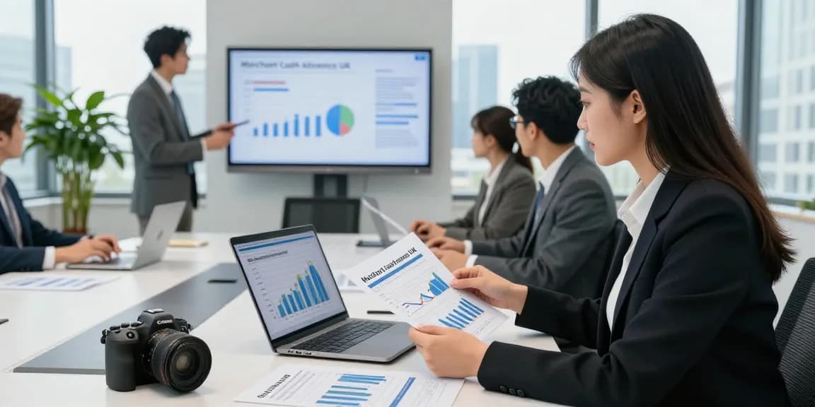 Professional woman analyzing merchant cash advance UK opportunities in a modern office.