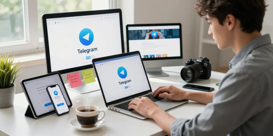 Download Telegram on a sleek laptop with smartphone notifications in a tech workspace
