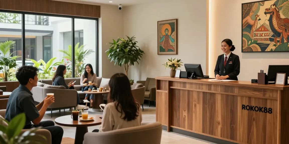 Welcoming atmosphere at ROKOK88, cozy hotel lobby with friendly staff.