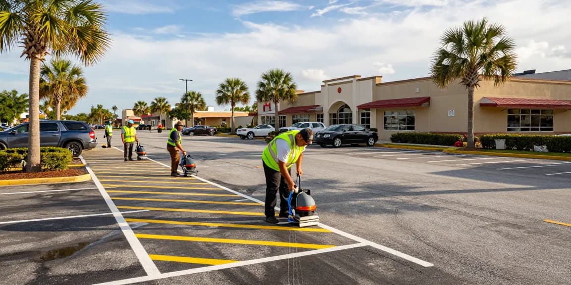 Professional parking lot striping mobile al team applying bright, durable lines in a busy lot in Mobile.