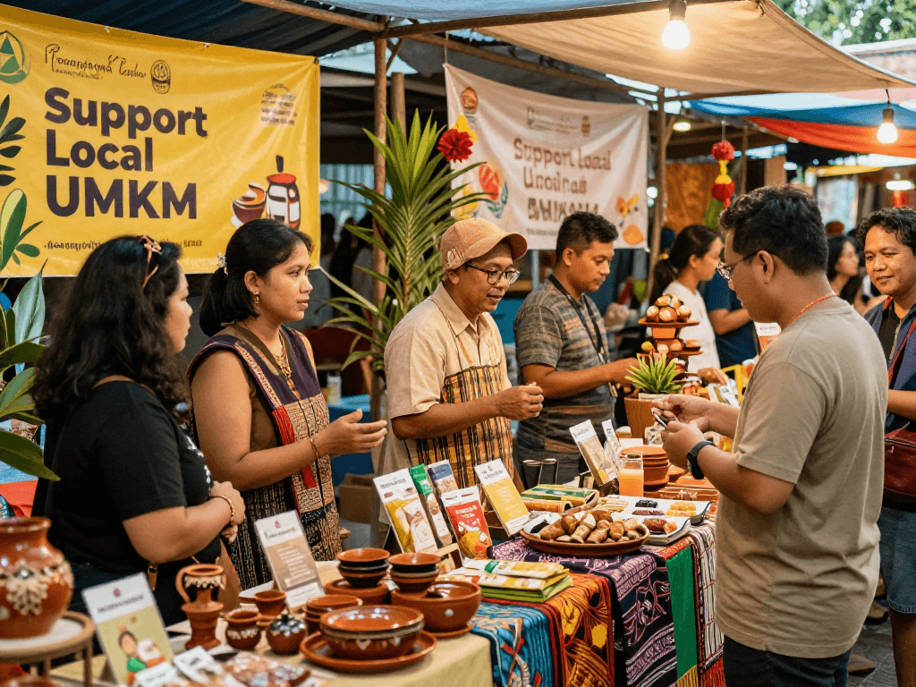 Engaging marketplace scene at https://rokok88.net highlighting local Indonesian UMKM products, showcasing vibrant artisan crafts.