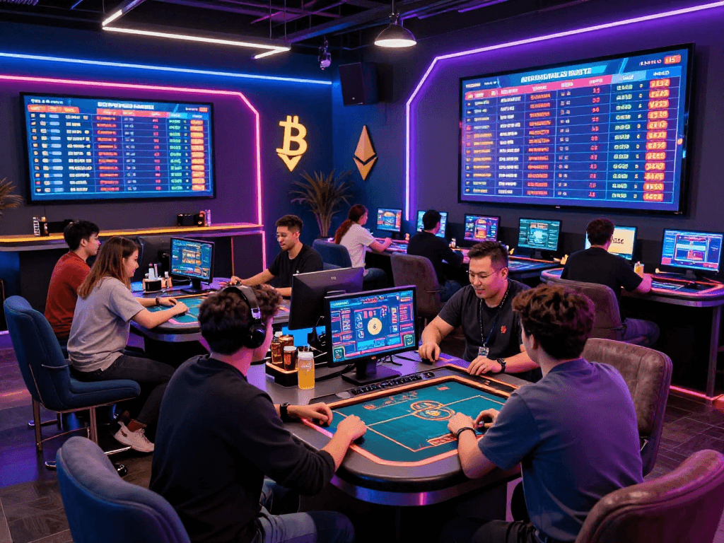 Experience the thrill of a crypto casino with diverse players engaging in digital gaming amid vibrant neon lights.