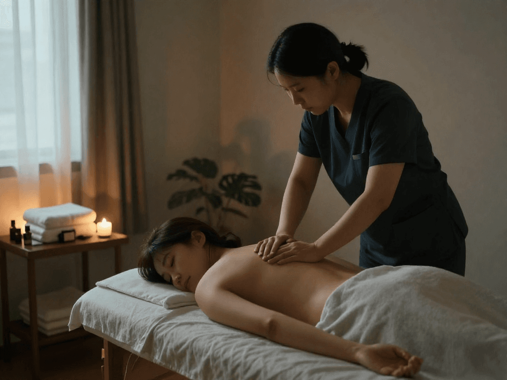 Relaxing 서울출장마사지 session at home with professional therapist providing soothing care.