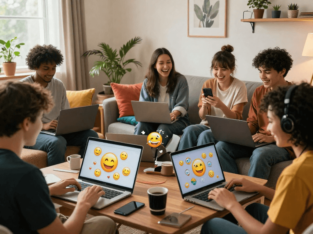 Diverse friends engaging in a spicy chat ai session in a cozy living room.