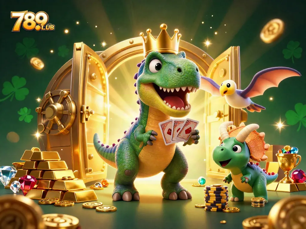 Experience thrilling fun with 789CLUB as a T-Rex plays cards in a vibrant casino scene.