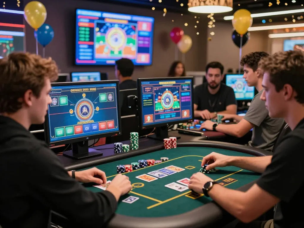 Players enjoying the excitement of online gaming at MM88 casino with vibrant graphics and festive atmosphere.