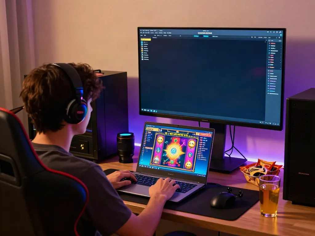 Immersive gaming setup for rokok88 slot login, featuring colorful slot game on laptop.