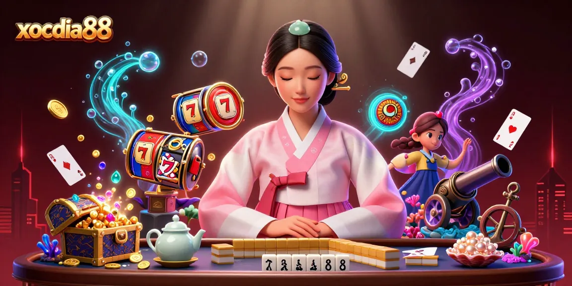 Experience the excitement of xocdiaa88 with an elegant Asian woman amidst slot reels and casino treasures.