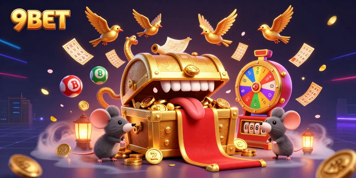 Win big with 9BET at this lively casino scene filled with treasures and excitement.