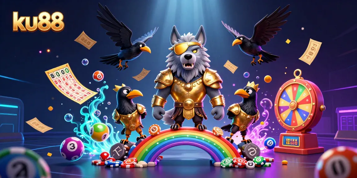 Engage in vibrant lottery action with ku88, featuring golden tickets and colorful lottery balls.
