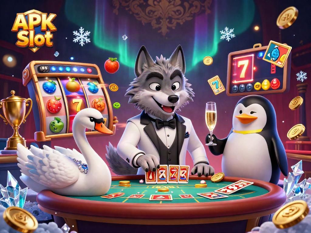 Play APK Slot with a debonair wolf, elegant swan, and sophisticated penguin in a vibrant casino scene.