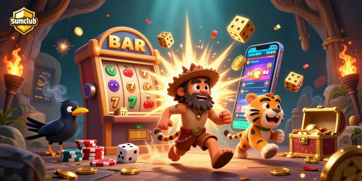 Engage with sumclub in this vibrant 3D illustration featuring lively casino elements and colorful game action.