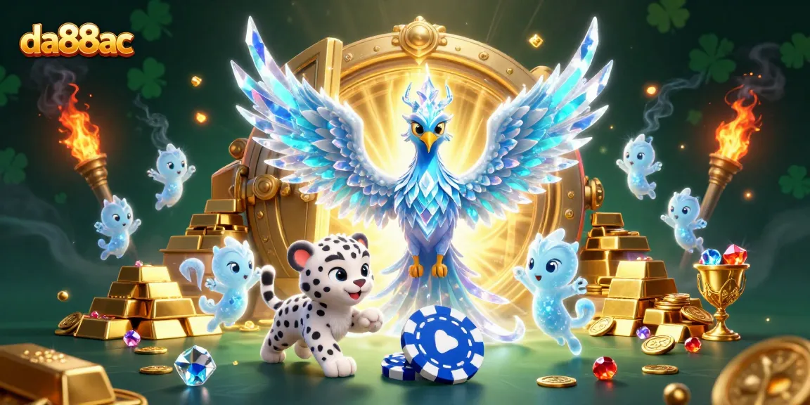 Experience da88ac's thrilling casino world with a vibrant 3D illustration of fun characters and rich treasures.