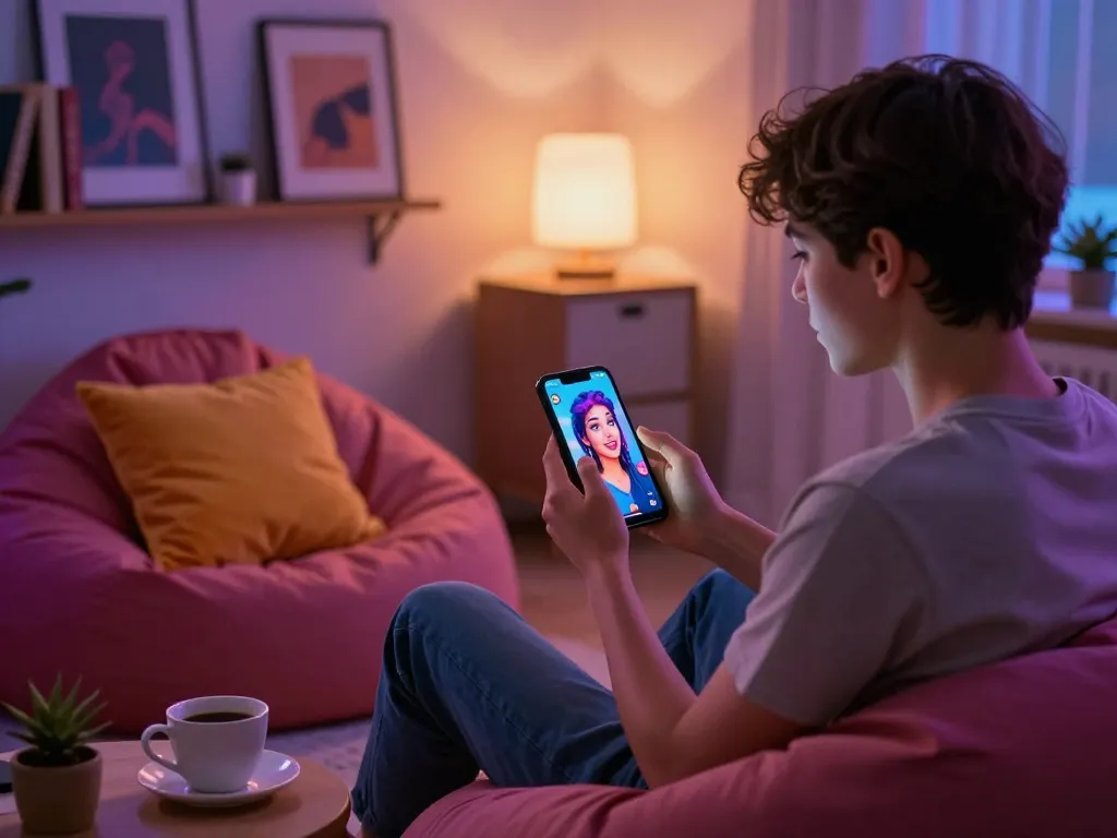 Explore an NSFW AI chat experience with a user engaging in lively conversation in a cozy room.