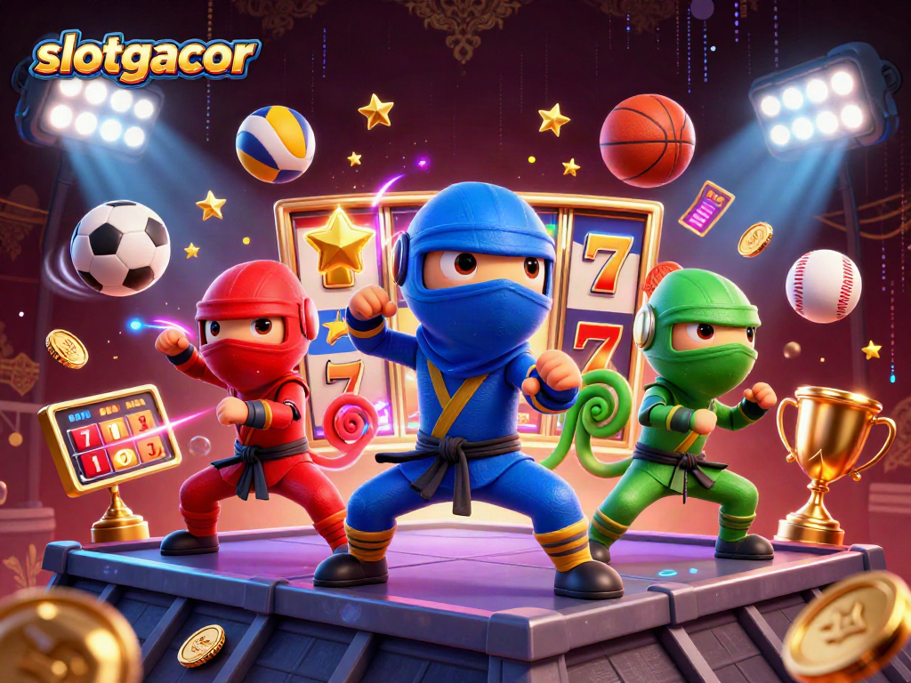slotgacor slots show 3D ninja chameleons in action with reels and golden coins.