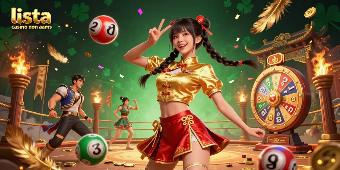 Illustrazione coinvolgente che mostra la lista casino non AAMS con elementi di gioco dinamici e personaggi vivaci in un'atmosfera di casino animata.
