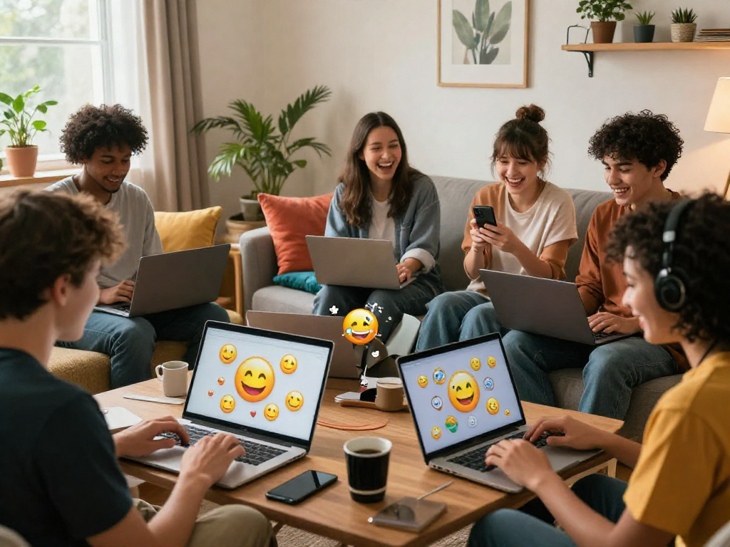Diverse friends engaging in a spicy chat ai session in a cozy living room.