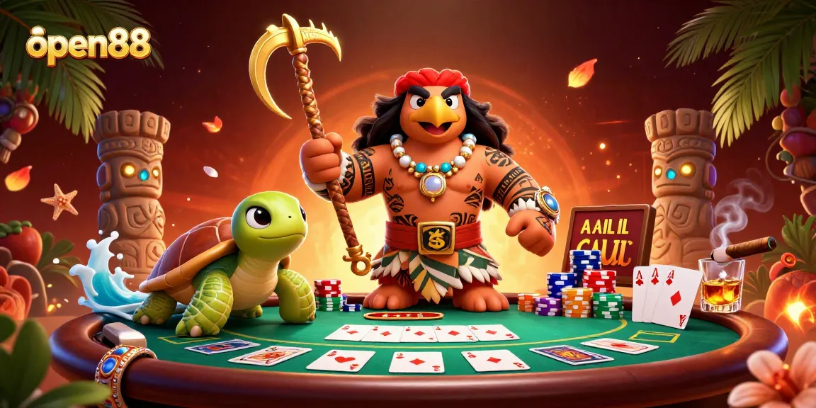 Experience thrilling poker action at open88 with vibrant characters and gambling elements.