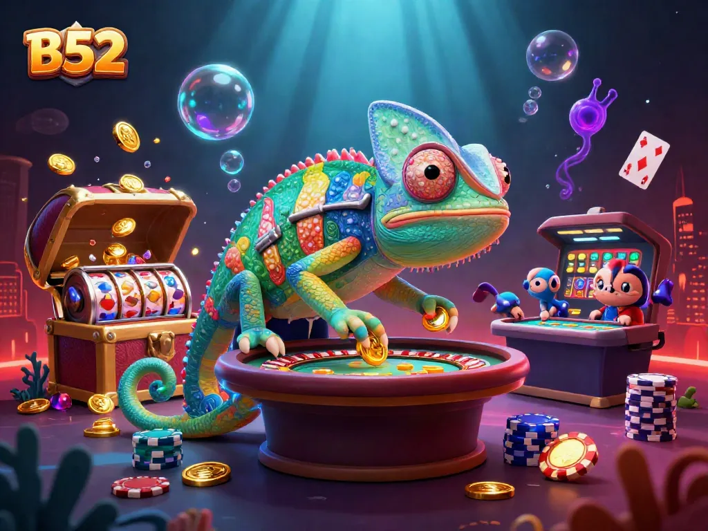 B52 casino owner chameleon grabs golden coins amidst vibrant slot themes and marine treasures.