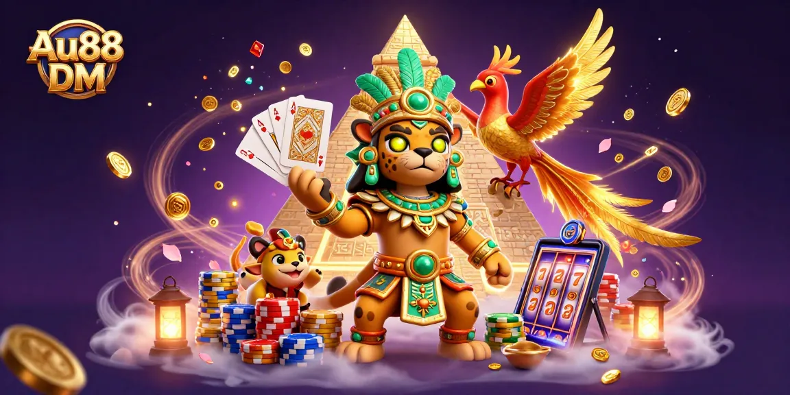 Engage in thrilling games at Au88 DM with vibrant characters, gold coins, and poker elements.