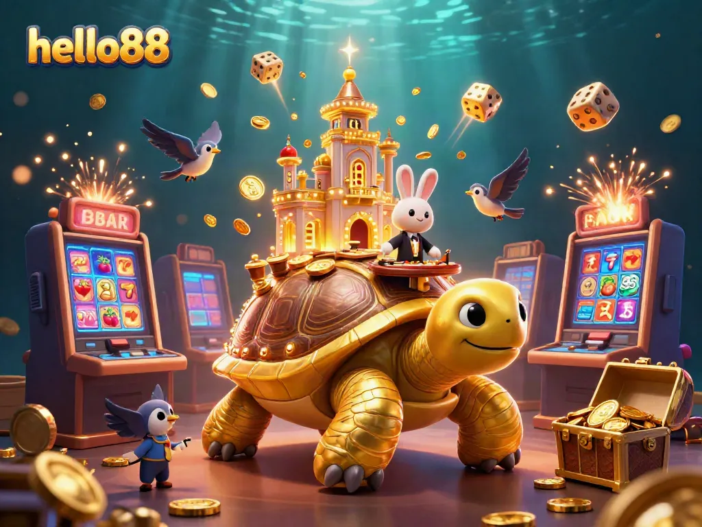 Experience the thrilling world of hello88 with a vibrant golden tortoise casino scene filled with colorful elements.