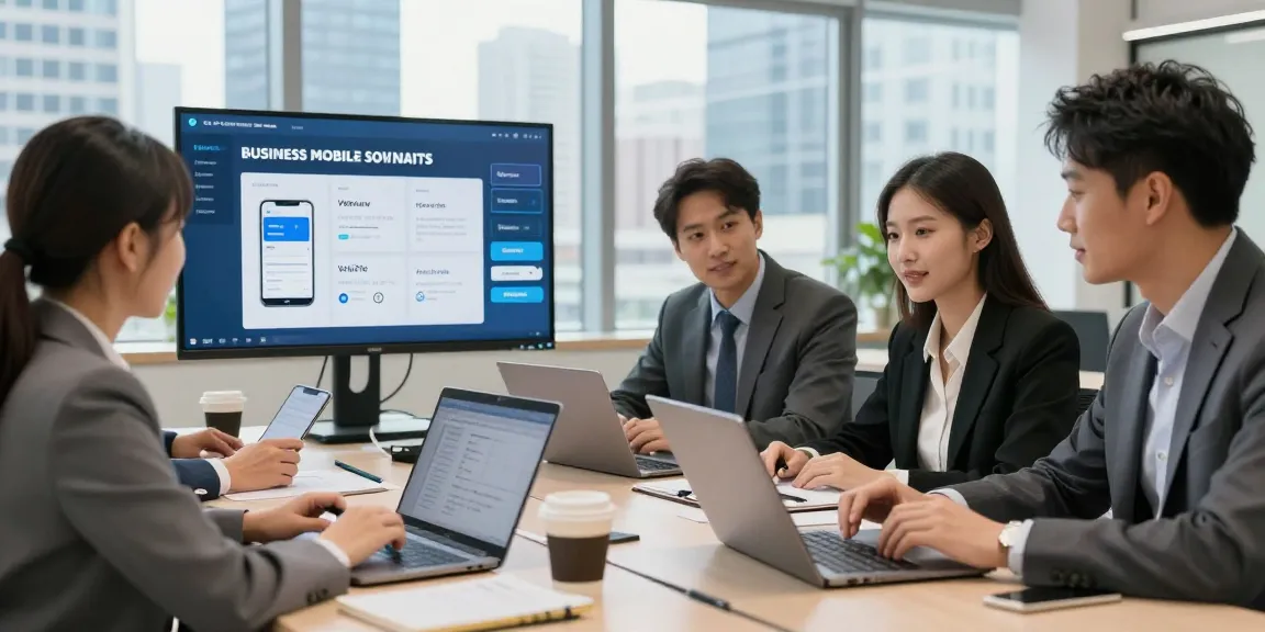 Professional team discussing cheap business mobile deals in a modern office.