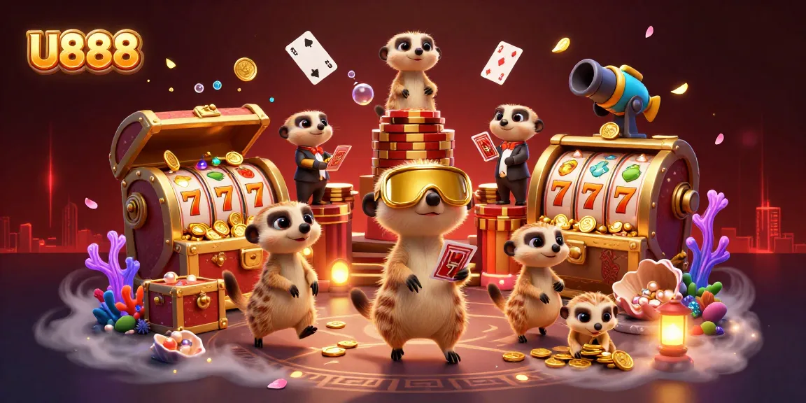 Meerkats managing a vibrant casino scene showcasing U888 with colorful gems and gaming elements.