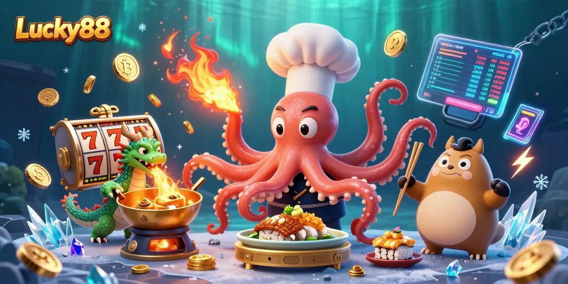 Spin to win with Lucky88 in a vibrant, detailed online casino scene filled with animated characters and gaming elements.
