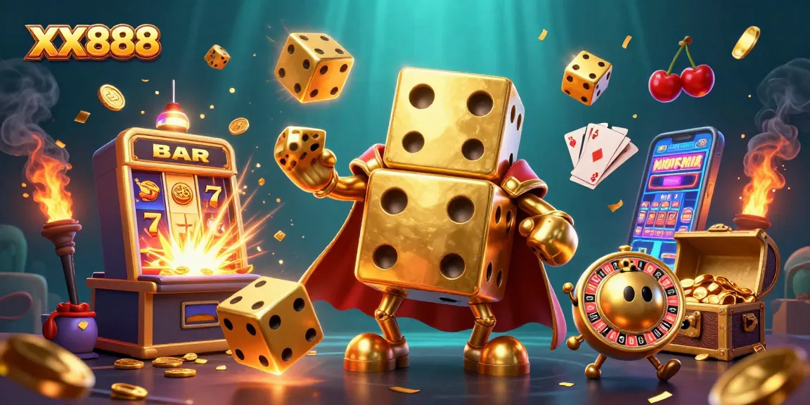 Join the excitement at XX888 with a vibrant casino scene filled with golden dice and jackpot wins.