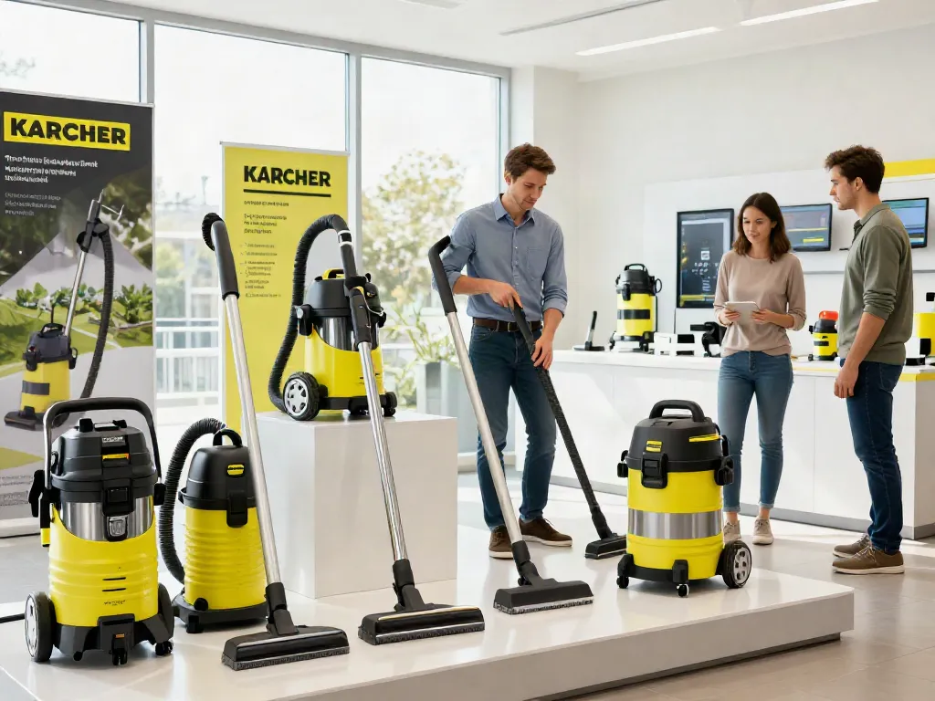 Mostra di attrezzature Kärcher in un moderno showroom, evidenziando prodotti innovativi per la pulizia.