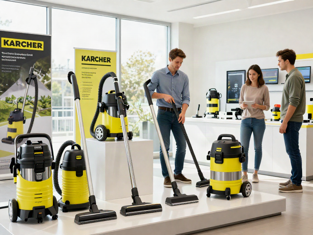 Mostra di attrezzature Kärcher in un moderno showroom, evidenziando prodotti innovativi per la pulizia.