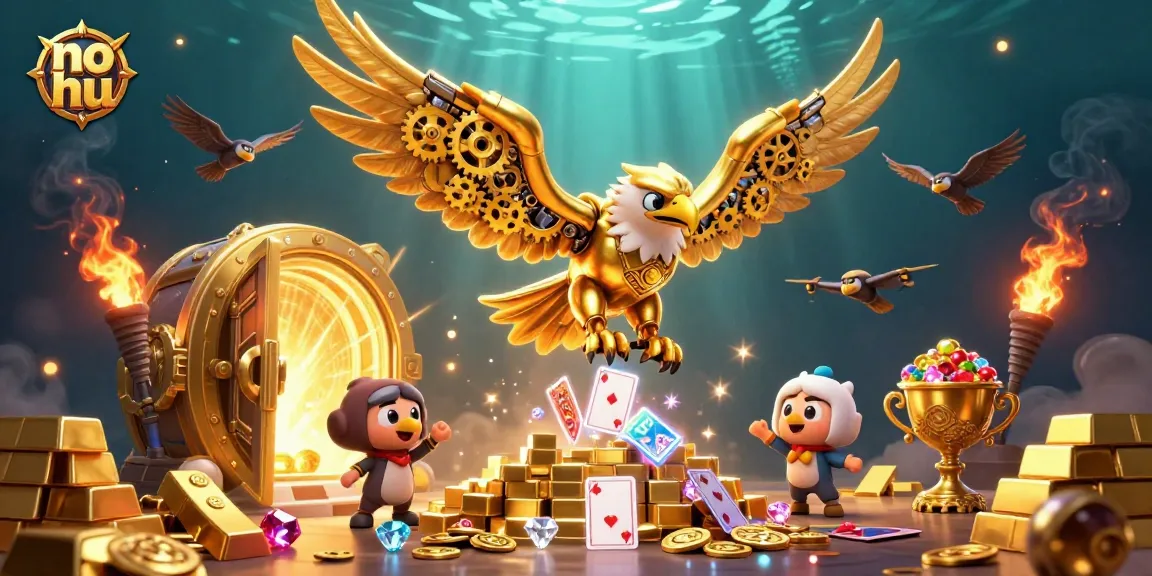 Spin and win at no hu with a cybernetic eagle diving through magical cards in a rich treasure vault.