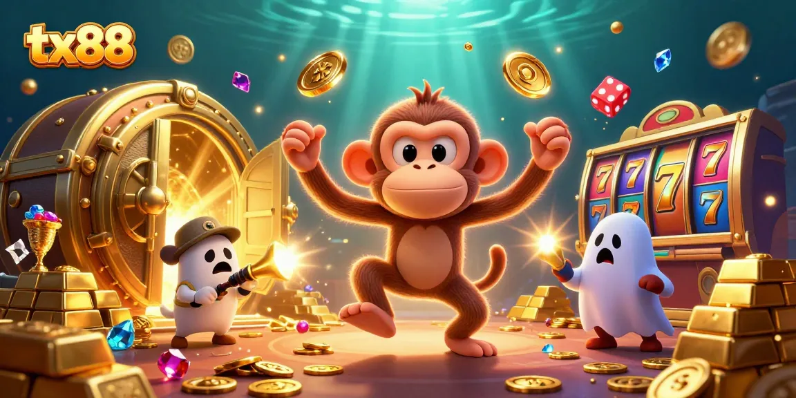 Experience thrilling wins at tx88, where the monkey juggles golden casino elements in a vibrant atmosphere.