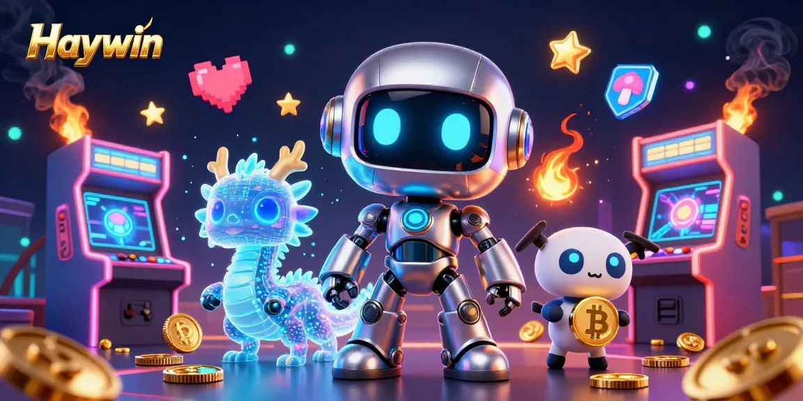 Experience gaming at Haywin with a vibrant 3D illustration showcasing futuristic characters and arcade elements.