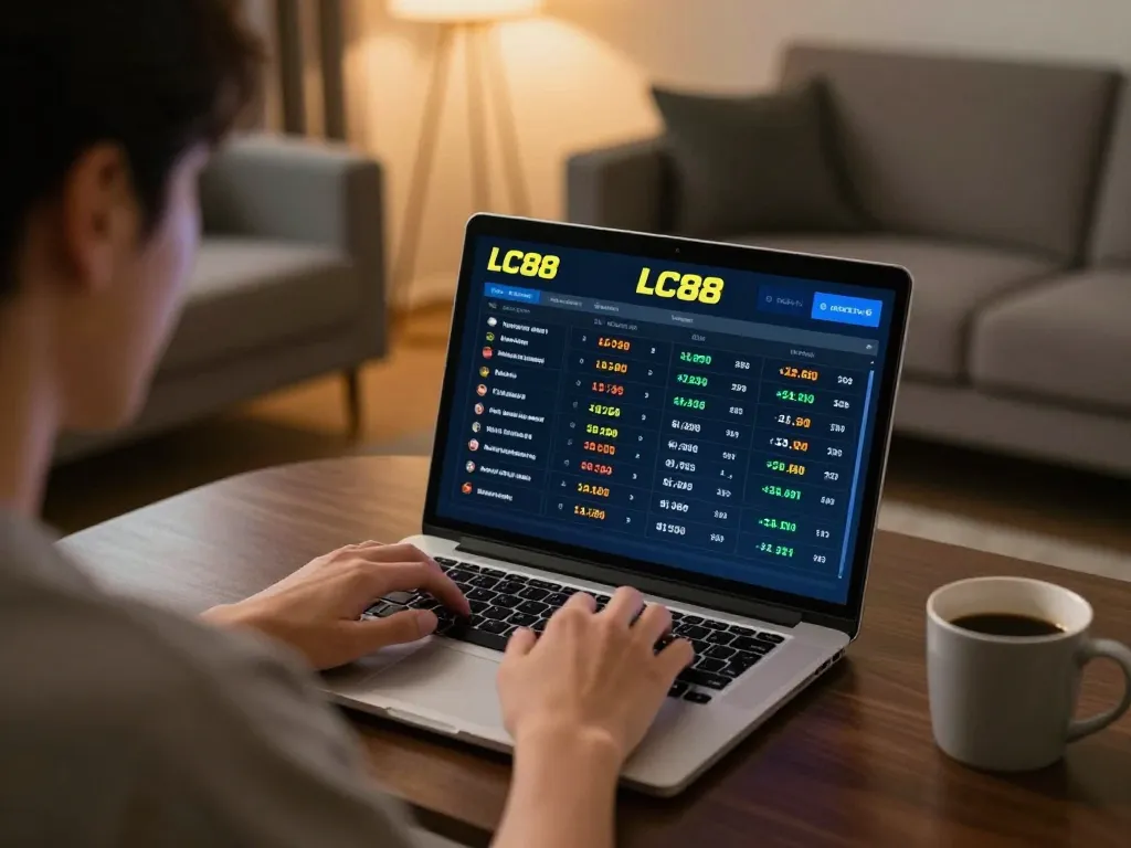 Placing bets using the lc88 link on a laptop, creating a dynamic online gambling atmosphere in a modern home setting