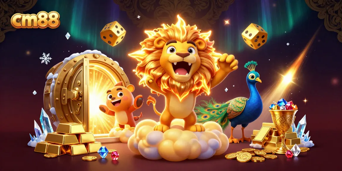 Experience thrilling gameplay at cm88 with a majestic lion, golden treasures, and vibrant casino elements.