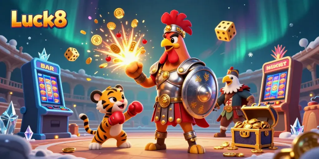Engaging scene of Luck8 with a gladiator rooster, slot machine, and vibrant casino elements, showcasing excitement.