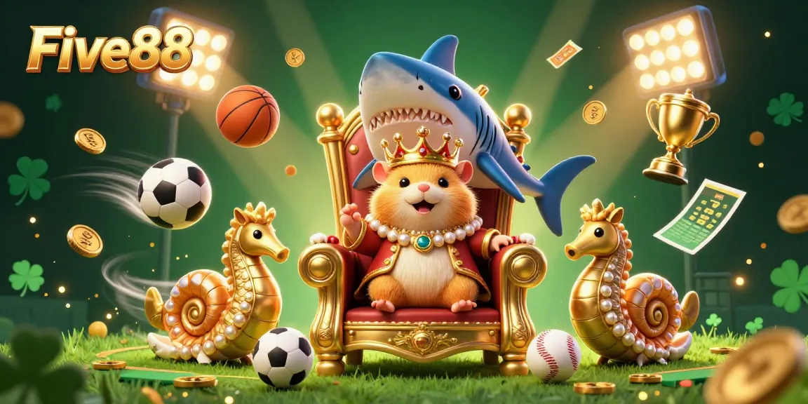Five88 offers exciting sports betting with dynamic elements like gold coins, sports balls, and vibrant action.