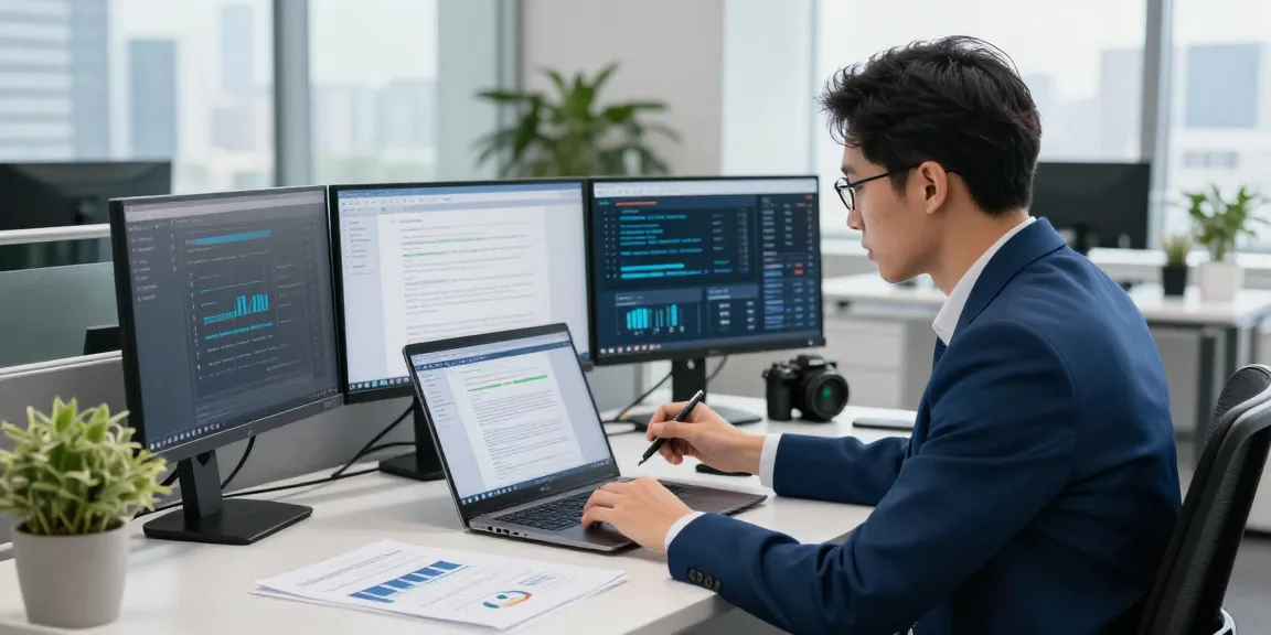 Document fraud detection tools being analyzed by a cybersecurity specialist in a modern office setup, showcasing advanced security software and analytics.