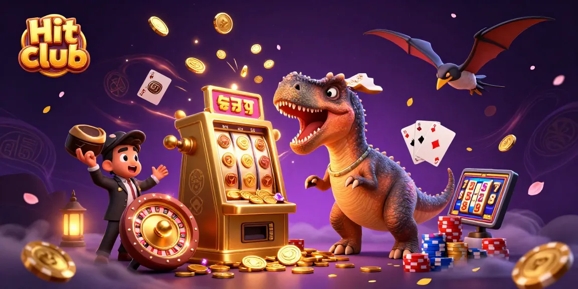 Hit club's pachycephalosaurus wins jackpots as coins fly from the slot machine in a vibrant casino scene.
