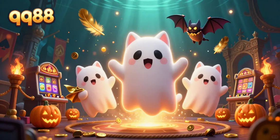 Experience thrilling action at qq88 with a haunted casino scene featuring a ghost cat, vampire bat, and glowing poker jack-o-lanterns.