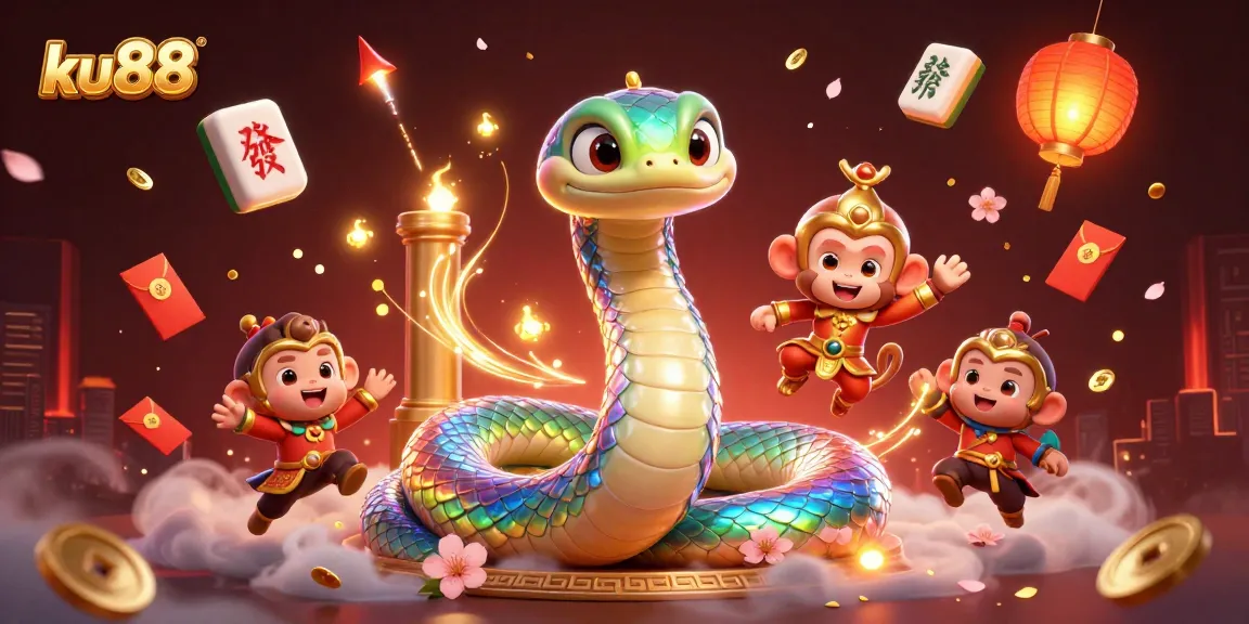 Engage with ku88's vibrant 3D casino scene showcasing a magical serpent and monkey king.