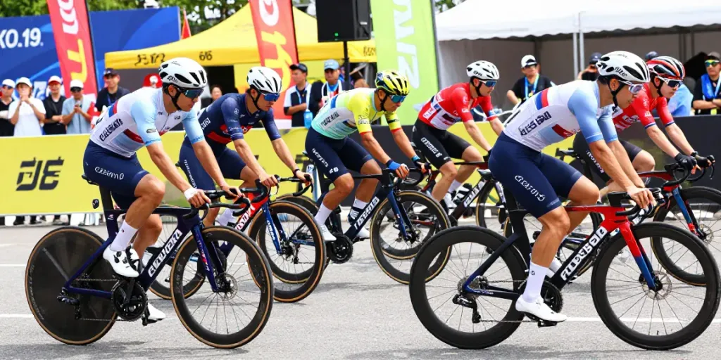 Squadre ciclismo members strategizing in an energetic outdoor setting before 2026 races.