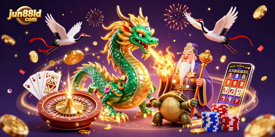 Experience the excitement of jun88ld com with a majestic dragon, lucky cranes, and vibrant casino elements.