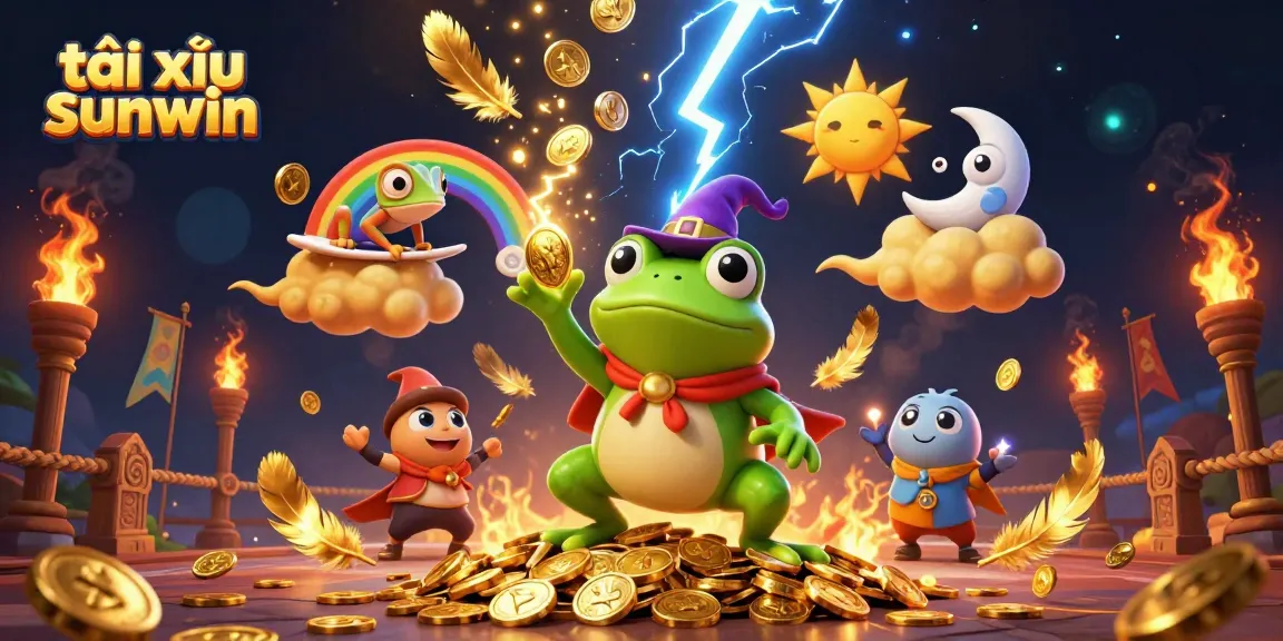 Engage in tài xỉu sunwin with vibrant characters creating a winning atmosphere, featuring golden coins and dynamic effects.