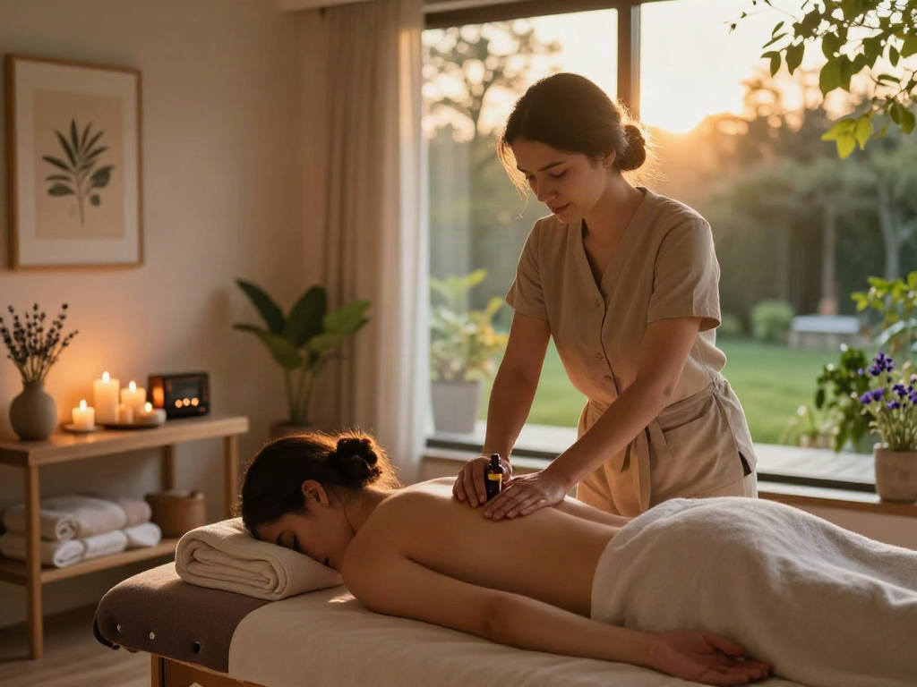 Experience ultimate 오산출장마사지 in a calming massage therapy studio with essential oils and soft lighting.