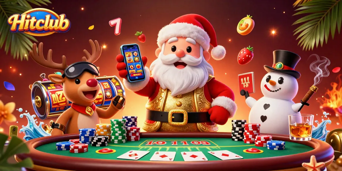 Hitclub offers an engaging casino experience with Santa and friends showcasing vibrant slots.