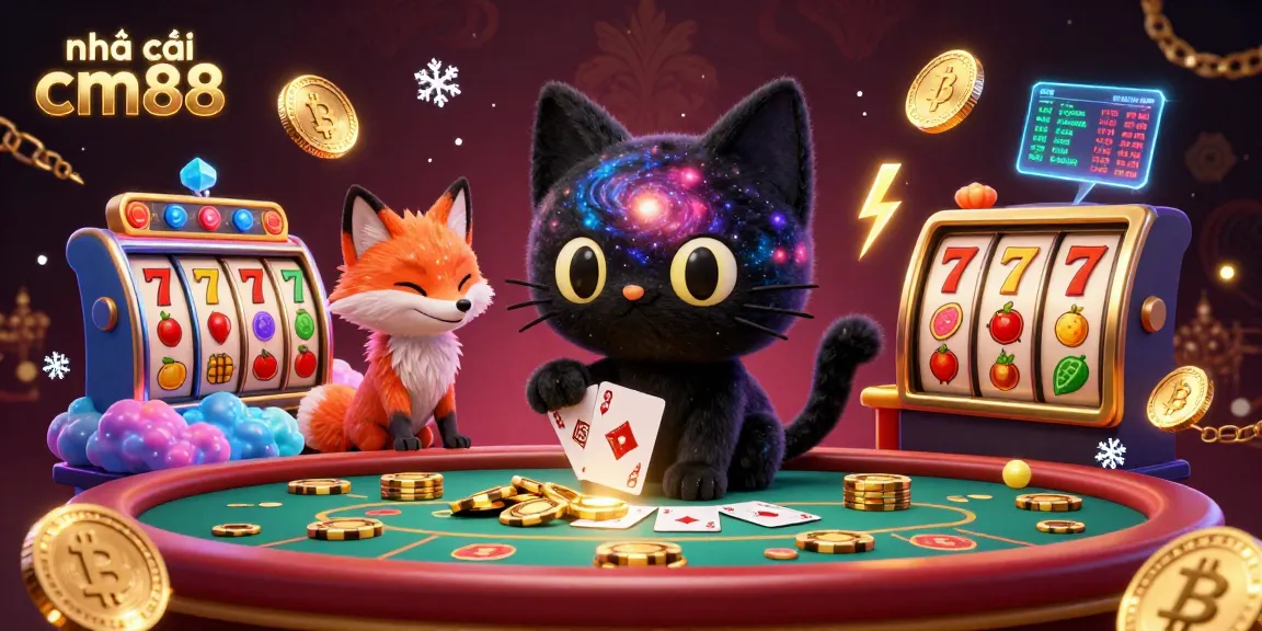 Experience exciting wins at nhà cái cm88 with a vibrant cosmic casino scene featuring a black hole cat and colorful galaxy elements.