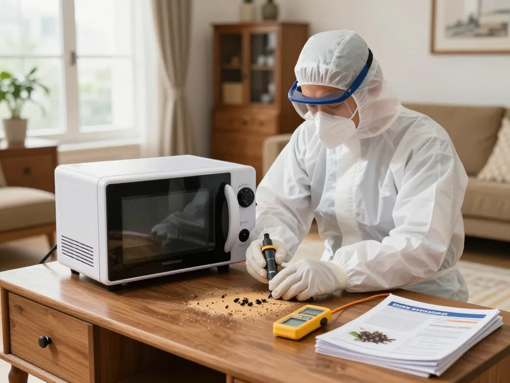 Trattamento efficace di sterilizzazione microonde coleottero da parte di un esperto di controllo dei parassiti per coleotteri del legno in una casa pulita.
