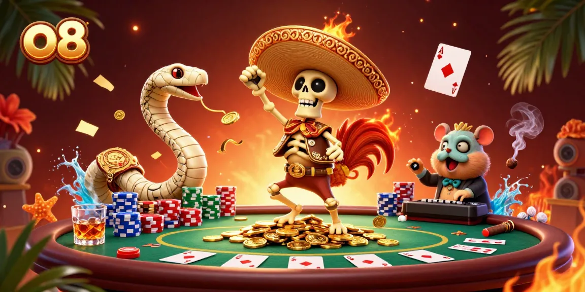 Engaging scene of o8 featuring a dynamic dance of a mariachi rooster, a mummy snake, and a zombie DJ around poker elements.